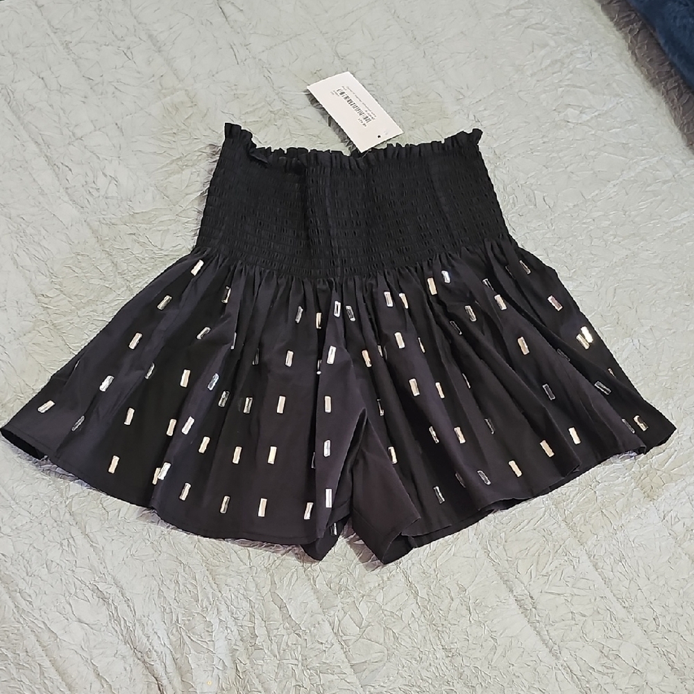 QUEEN OF SPARKLES Black High-Waist Smocked Shorts with Metallic Accents